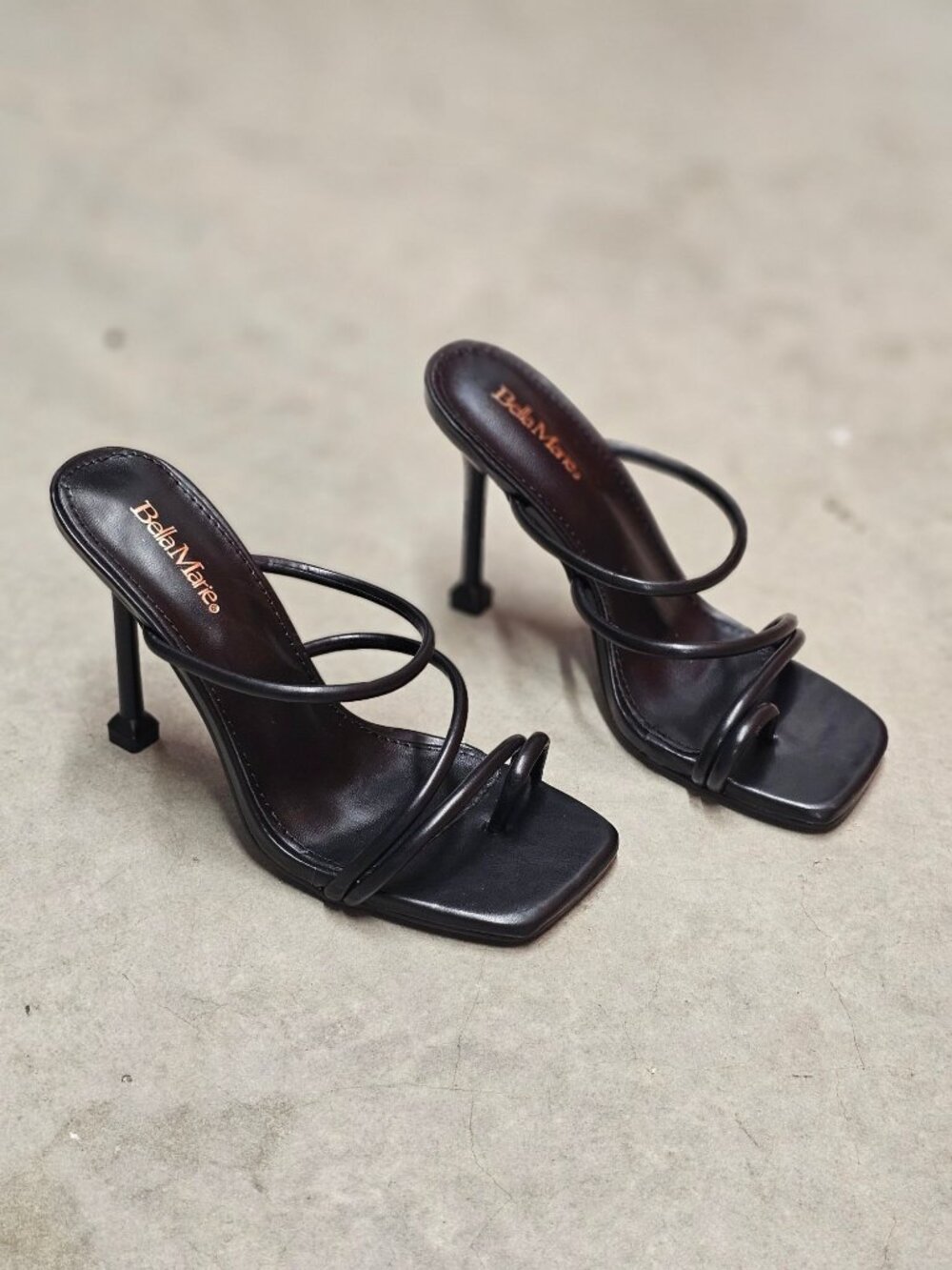 Strappy Black High Heel Sandals With Square Toe & Stiletto Design Bella Marie